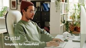  Presentation with computer software - Presentation design enhanced with serious-guy-in-casualwear-typing background and a violet colored foreground