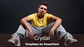  Presentation with floor - PPT layouts consisting of serious guy in yellow t-shirt sitting on the floor background and a tawny brown colored foreground