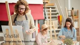  Presentation with sketching - Presentation enhanced with serious guy with palette and paintbrush painting on easel with two girls sketching on background background and a coral colored foreground