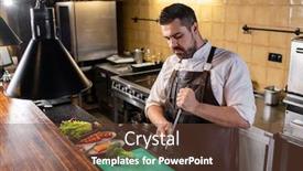  Presentation with restaurant kitchen - Theme with serious-handsome-chef-in-apron background and a tawny brown colored foreground