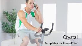  Presentation with exercise bike - Audience pleasing PPT theme consisting of serious handsome man training on exercise bike phoning in bright living room backdrop and a light gray colored foreground