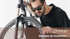  Presentation with rider - Beautiful slide deck featuring serious-handsome-rider-man-repairing backdrop and a tawny brown colored foreground