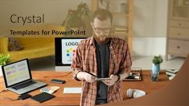  Presentation with home office - Cool new PPT theme with serious-hipster-bearded-designer backdrop and a coral colored foreground