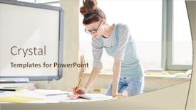  Presentation with project manager - Slide set consisting of serious hipster manager with dreads wearing casual clothing and glasses making notes in organizer while planning new project in modern office background and a lemonade colored foreground