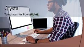  Presentation with computer science led - Colorful PPT theme enhanced with serious hipster working at computer backdrop and a  colored foreground