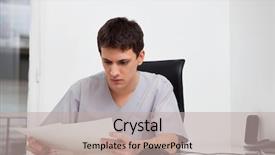  Presentation with nurse a male patient - Slide deck consisting of serious male doctor reading reports background and a  colored foreground