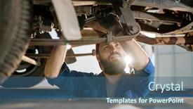 Presentation with technical service - Presentation theme consisting of serious male technical engineer of car repair service looking at one of details while standing under machine background and a ocean colored foreground