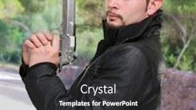  Presentation with gun - Presentation design consisting of serious man holding a gun at a park background and a dark gray colored foreground