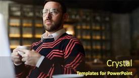  Presentation with tea coffee - Audience pleasing PPT theme consisting of serious man in casualwear and eyeglasses having tea or coffee in modern cafe backdrop and a wine colored foreground