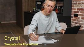  Presentation with writing notes - Theme enhanced with serious-man-in-earphones-writing background and a tawny brown colored foreground