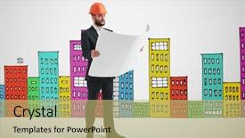  Presentation with coloured - Slide set consisting of serious man in orange hardhat with blueprint over many-coloured drawing cityscape background and a yellow colored foreground