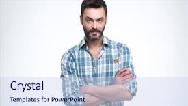  Presentation with business intelligence white robotic arm - PPT layouts consisting of serious man with arms folded background and a sky blue colored foreground