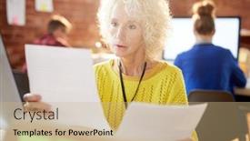  Presentation with accountant - Amazing PPT layouts having serious mature accountant looking through financial documents while sitting in office backdrop and a coral colored foreground