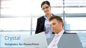  Presentation with standing sitting - Presentation with serious mature businessman sitting and using laptop computer businesswoman standing and working together background and a sky blue colored foreground