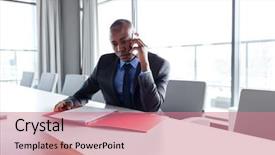  Presentation with office life - Audience pleasing slide deck consisting of serious mature businessman talking backdrop and a coral colored foreground