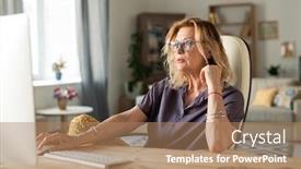  Presentation with working remotely - Presentation theme enhanced with serious-mature-female-or-businesswoman background and a coral colored foreground