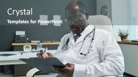  Presentation with prescriptions - PPT theme with serious-mature-male-clincian-sitting background and a gray colored foreground