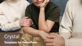  Presentation with parents - PPT theme featuring serious-mature-parents-hugging background and a coral colored foreground