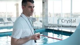  Presentation with coach - Audience pleasing PPT layouts consisting of serious-mature-swimming-coach-standing backdrop and a light blue colored foreground