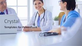 Presentation with case - PPT theme with serious medical team discussing patient's case in a bright office background and a light blue colored foreground