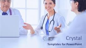  Presentation with medical training in patient care - Presentation theme having serious-medical-team-discussing-patient background and a light blue colored foreground