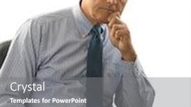  Presentation with office chair - Slides featuring serious middle aged businessman in seated in his office chair one hand to chin isolated on white background and a gray colored foreground