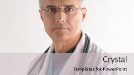  Presentation with scrubs - PPT theme consisting of serious middle aged doctor in scrubs and labcoat with stethoscope closeup background and a light gray colored foreground