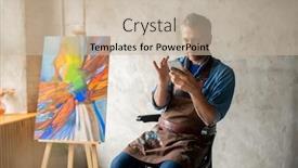  Presentation with scrolling - Presentation design with serious middle aged painter in apron and casualwear scrolling in smartphone while sitting on chair in studio background and a mint green colored foreground