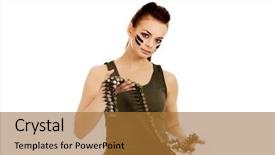  Presentation with military - PPT theme featuring serious military woman with bullet background and a  colored foreground