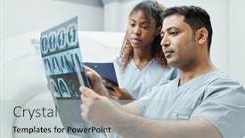  Presentation with medical assistant - Presentation design enhanced with serious-mixed-race-radiologist background and a light blue colored foreground