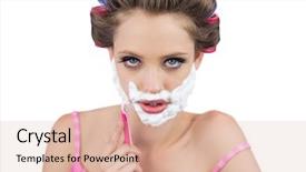  Presentation with shaving - Audience pleasing PPT layouts consisting of serious model in hair curlers shaving her face on white background backdrop and a lemonade colored foreground
