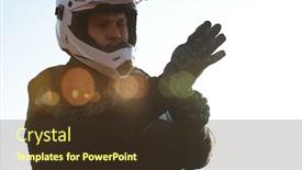  Presentation with flare - Audience pleasing presentation theme consisting of serious-motorcyclist-in-helmet-putting backdrop and a tawny brown colored foreground