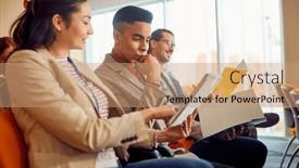  Presentation with paperwork - Presentation design featuring serious-multiracial-corporate-business-team background and a coral colored foreground