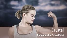  Presentation with flexing - Slide set with serious muscular woman flexing muscle against dark cloudy sky background and a coral colored foreground