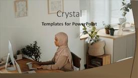  Presentation with front desk - Slide set enhanced with serious-muslim-female-it-manager background and a light gray colored foreground