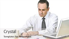  Presentation with worker - Cool new slides with serious-office-worker-reviewing-generic backdrop and a light gray colored foreground