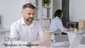  Presentation with worker - Amazing theme having serious-office-worker-with-touchpad backdrop and a light gray colored foreground