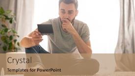  Presentation with photograph - Cool new PPT layouts with serious-pensive-young-man-sitting backdrop and a coral colored foreground