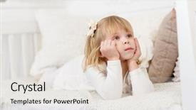  Presentation with upwards - Slide deck consisting of serious pretty little girl lies on a sofa in the room and looks upwards background and a light gray colored foreground