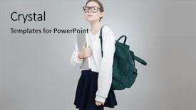  Presentation with pretty girl - Cool new presentation theme with serious pretty teenage girl in glasses with backpack standing and holding laptop backdrop and a light gray colored foreground