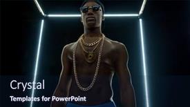  Presentation with rapper - Slide deck featuring serious-rapper-in-gold-chains background and a navy blue colored foreground