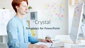  Presentation with desktop - PPT theme featuring serious redhead male graphic designer in blue shirt working in office he viewing online file on desktop computer background and a sky blue colored foreground