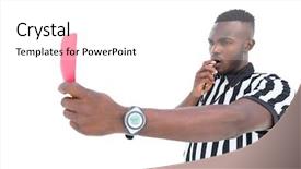  Presentation with referee - Slides having soccer refree - serious referee showing red card background and a white colored foreground