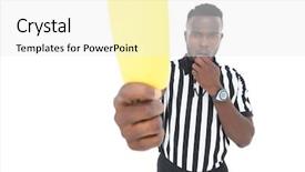  Presentation with referee - Presentation theme enhanced with soccer refree - serious referee showing yellow card background and a white colored foreground