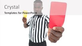  Presentation with referee - Amazing presentation having serious referee showing yellow and red card over white background backdrop and a white colored foreground