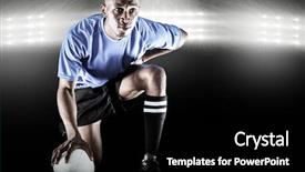  Presentation with kneeling - Colorful slide deck enhanced with serious rugby player kneeling while holding ball against spotlight backdrop and a black colored foreground