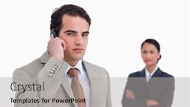  Presentation with salesman - Slide set featuring serious salesman on his cellphone with colleague behind him against a white background background and a light gray colored foreground
