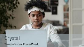  Presentation with front desk - PPT theme consisting of serious-schoolboy-in-casualwear-sitting background and a lemonade colored foreground