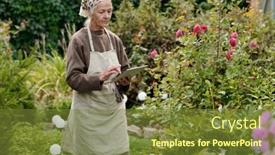  Presentation with apron - Slide set enhanced with serious-senior-woman-in-pullover background and a tawny brown colored foreground
