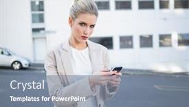  Presentation with urban - Presentation design consisting of serious-stylish-businesswoman-sending background and a seafoam green colored foreground